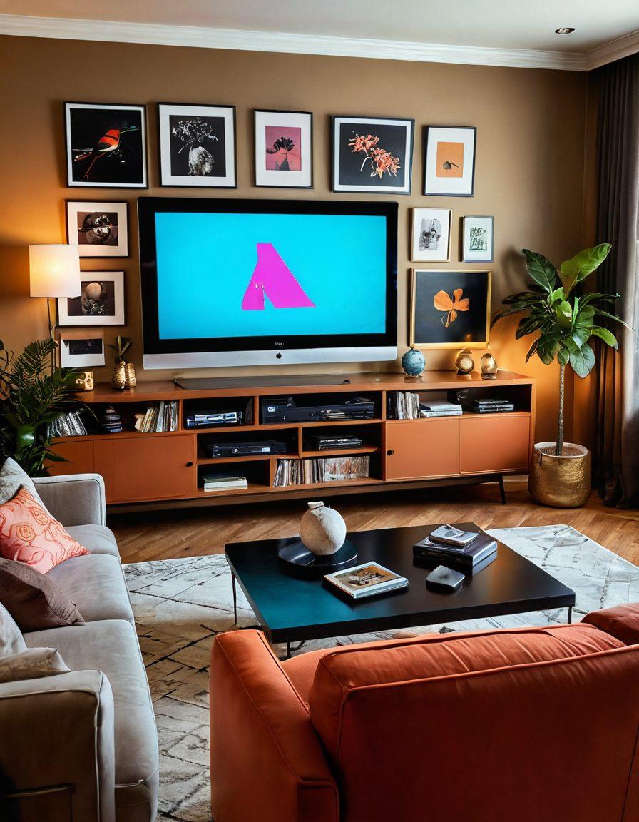 A stylish, modern room featuring a large computer screen displaying vibrant adult media content, surrounded by artistic and tasteful decor. A comfortable sofa and intriguing artwork create an inviting atmosphere, with soft lighting enhancing the intimate vibe. Include elements that suggest a curated selection of media such as subtle symbols of exploration and creativity. super-realistic. warm colors. intimate setting.